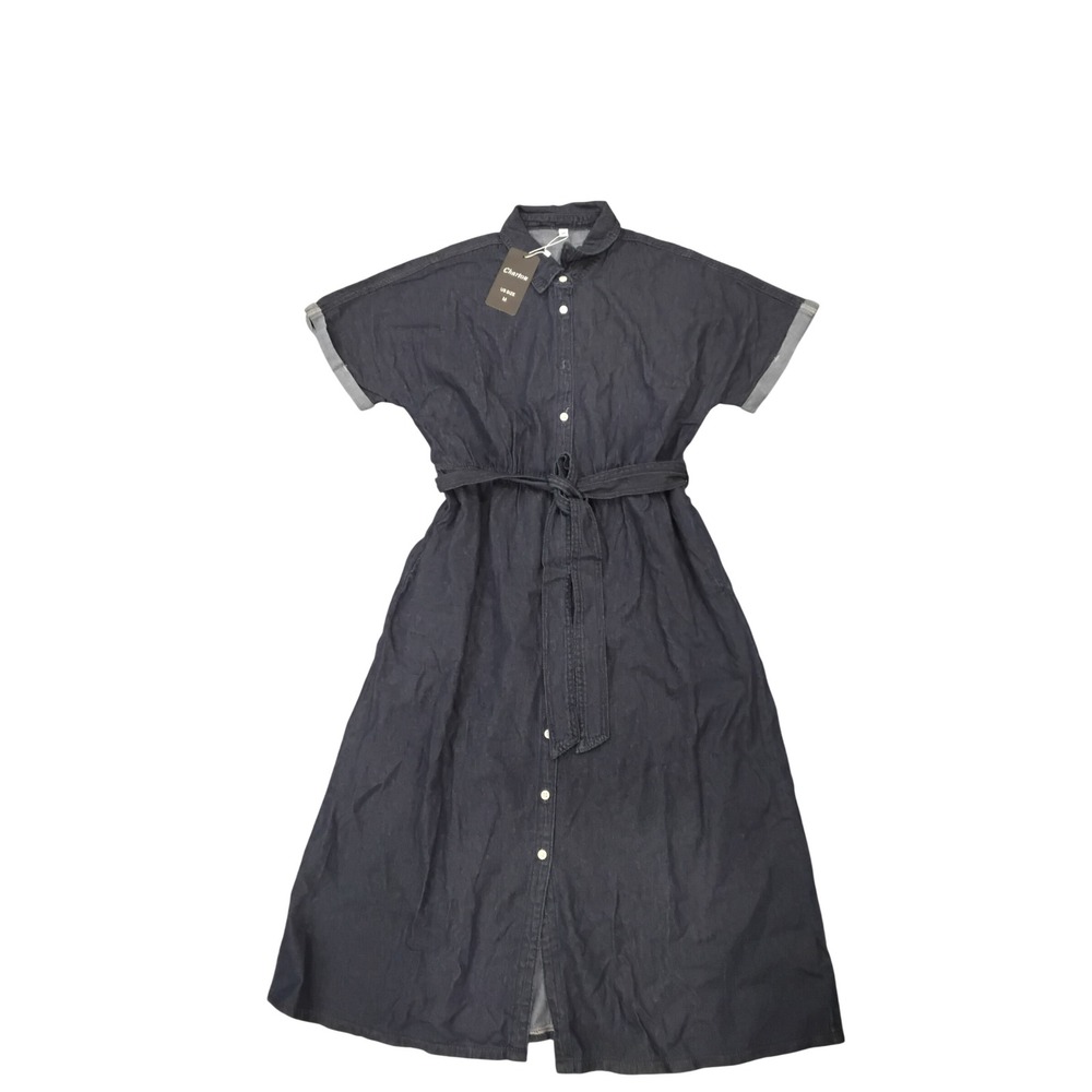 Chartou Womens Denim Shirt Dress Dark Wash Short Sleeve Belted Midi Blue M NWT